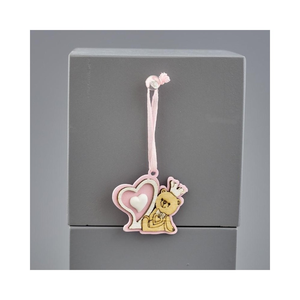 APPENDINO ORSO 4X4,5 CM. CUORE LEGNO ROSA